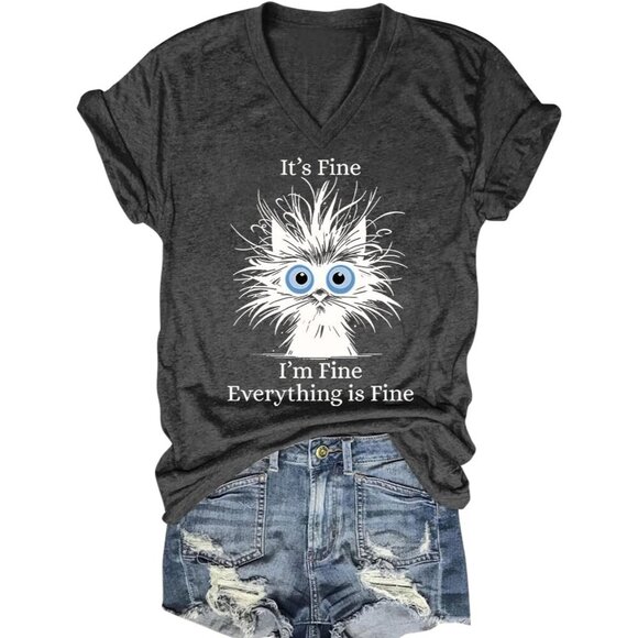 Tops - Women's Cotton Blend V Neck T-Shirt Cute Cat Graphic Short Sleeve Casual Top